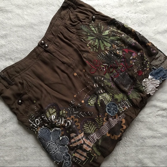 Desigual Dresses & Skirts - Desigual Army Green Brown Art-to-Wear Embroidered Patchwork Bubble Skirt XL